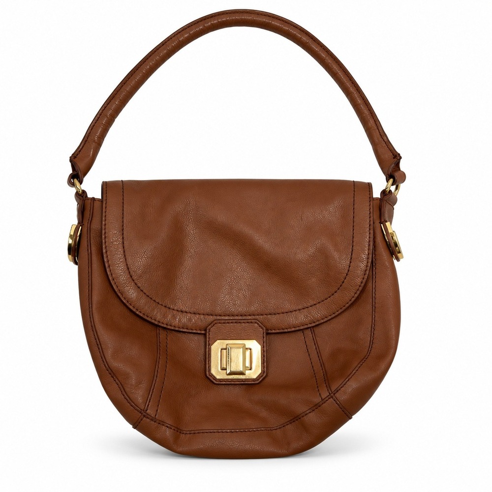 Juicy Couture Brown Leather Shoulder Bag Gold Turn Lock Hobo Saddle Bag